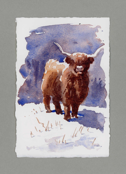 "Highland Cow in Snow" Small Original Watercolour