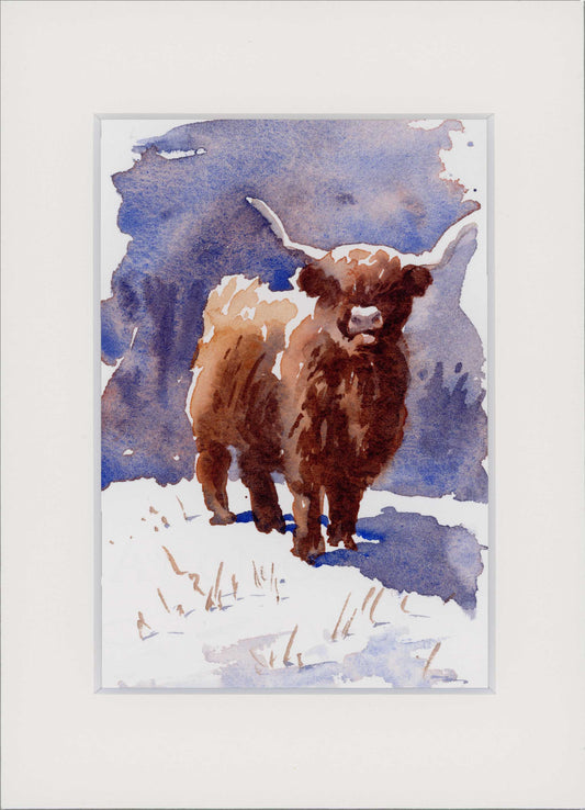 "Highland Cow in Snow" Small Original Watercolour
