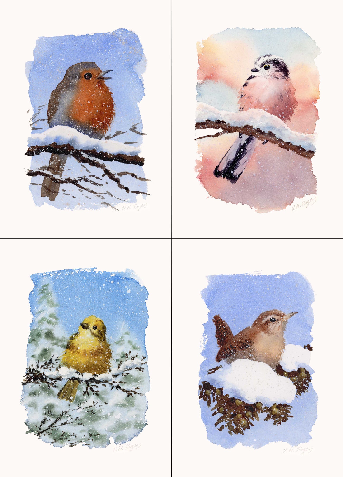 Winter Birds - Set of 4 Mini Fine Art Prints